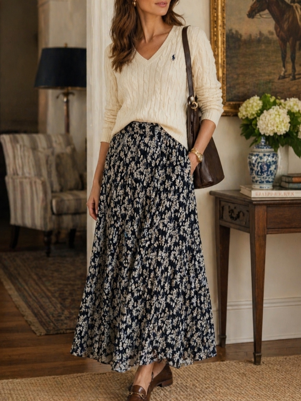 Vintage Ralph Lauren 100% Silk Romantic Cream and Navy Floral Maxi Skirt Large